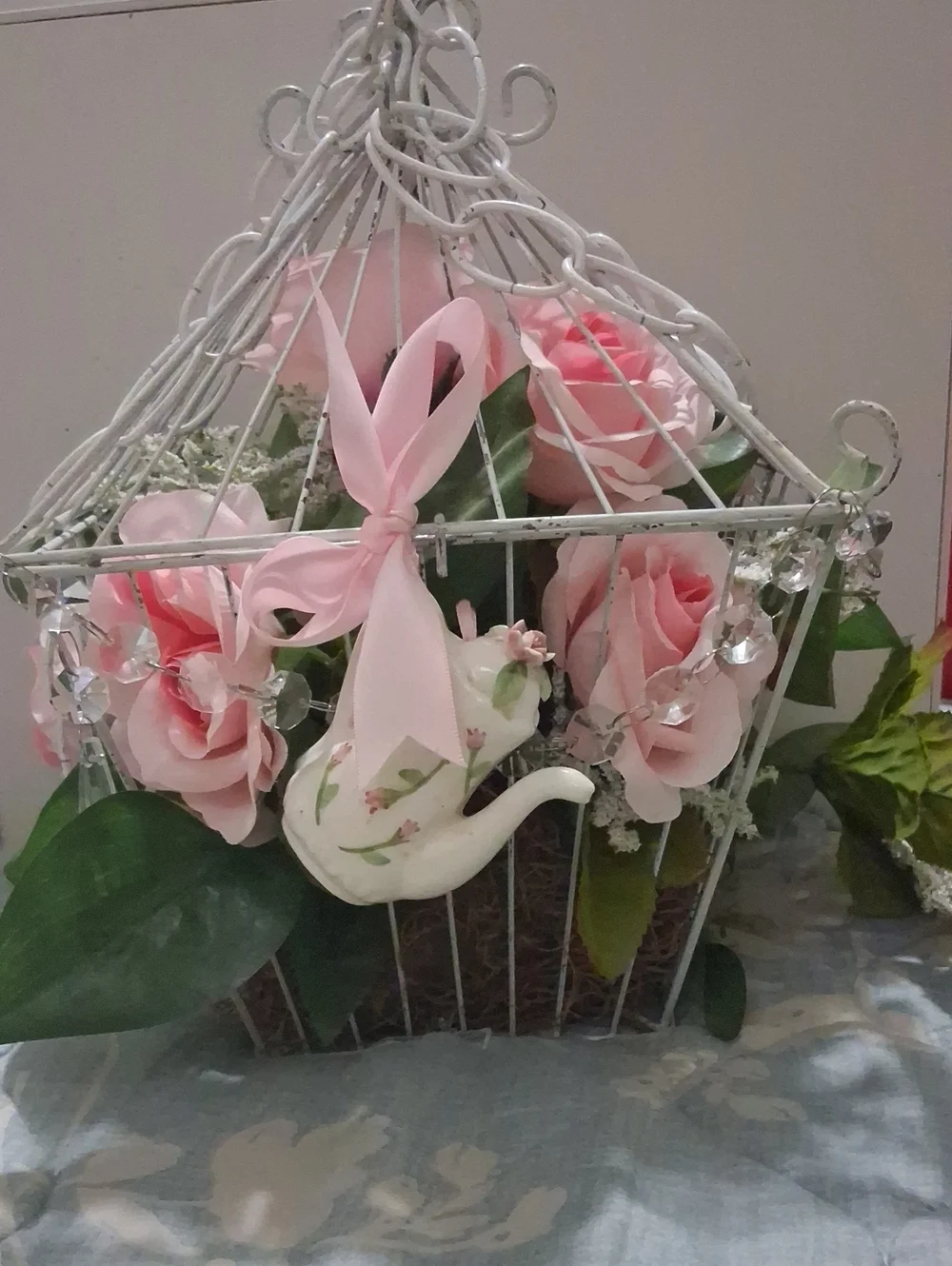 Vintage Pink Rose Birdcage Floral Arrangement w/Teapot & Crystals.